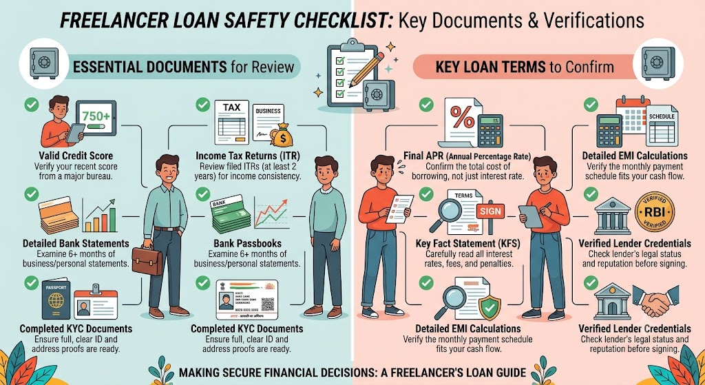 Freelancer loan safety checklist in Telangana showing credit score, ITR, bank statements, KYC, EMI, APR, KFS and lender verification.