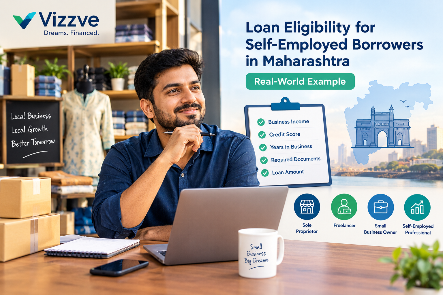 Self-employed freelancer in Maharashtra applying for a personal loan online using laptop and smartphone