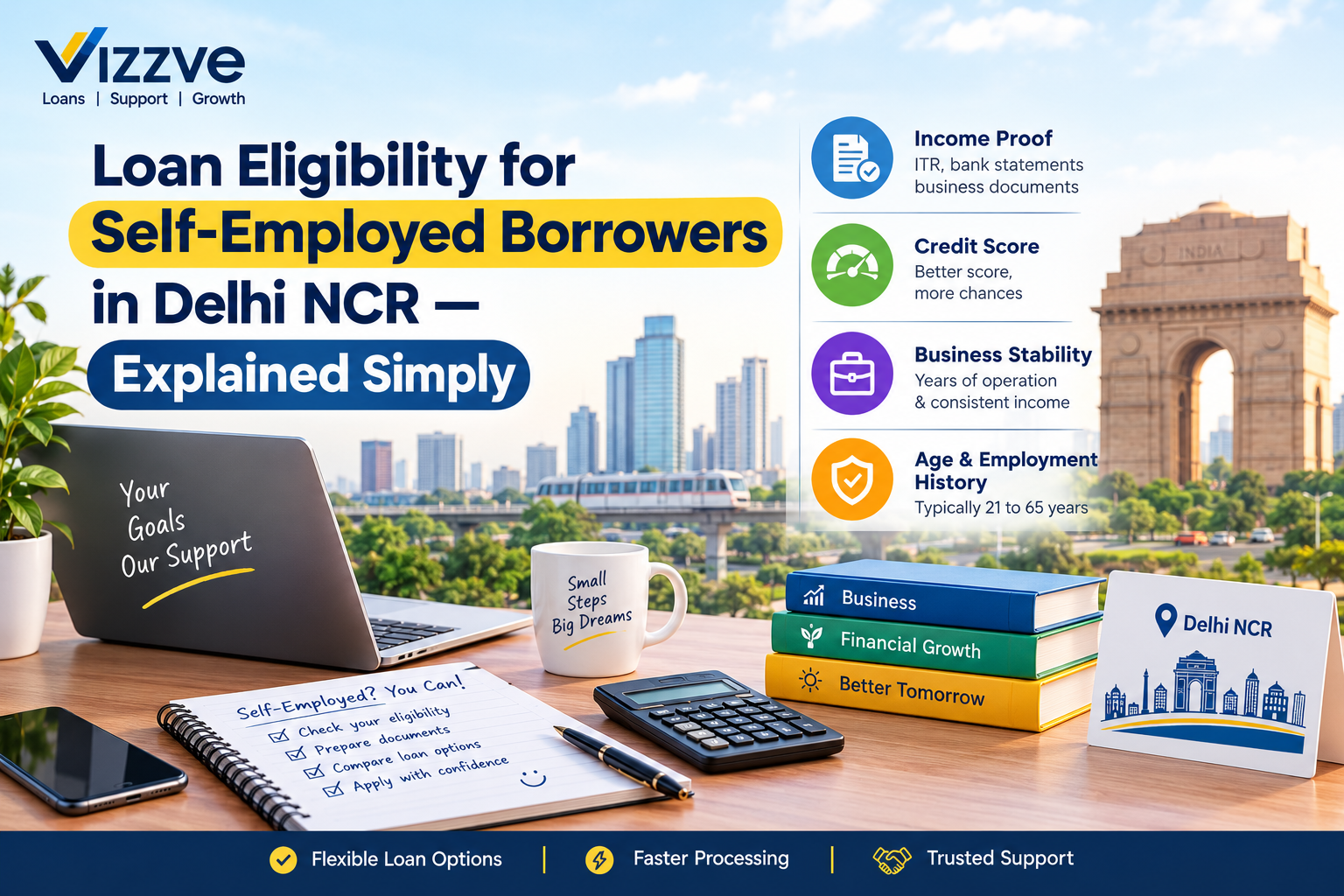 Self-employed borrower in Delhi NCR reviewing loan eligibility documents for a personal or business loan.
