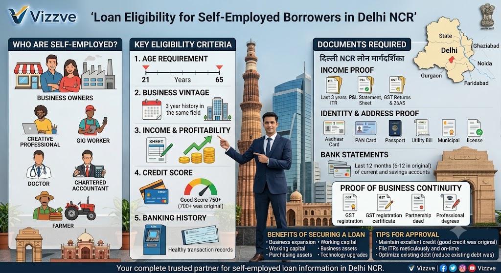 Self-employed borrower in Delhi NCR reviewing loan eligibility documents for a personal or business loan