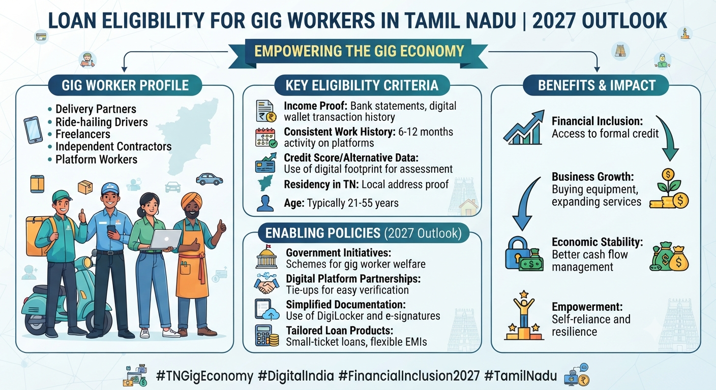Loan eligibility for gig workers in Tamil Nadu in 2027, highlighting personal loan opportunities, income proof, credit score requirements, digital lending trends, and financial planning tips for delivery partners, cab drivers, and freelancers.