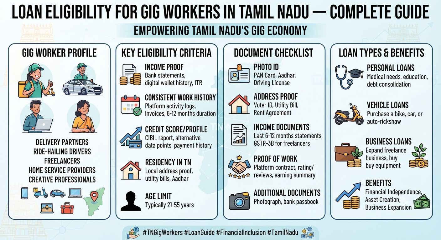 Loan eligibility for gig workers in Tamil Nadu — complete guide to personal loan eligibility, income proof, credit score requirements, required documents, application steps, and repayment tips for delivery partners, cab drivers, and freelancers.