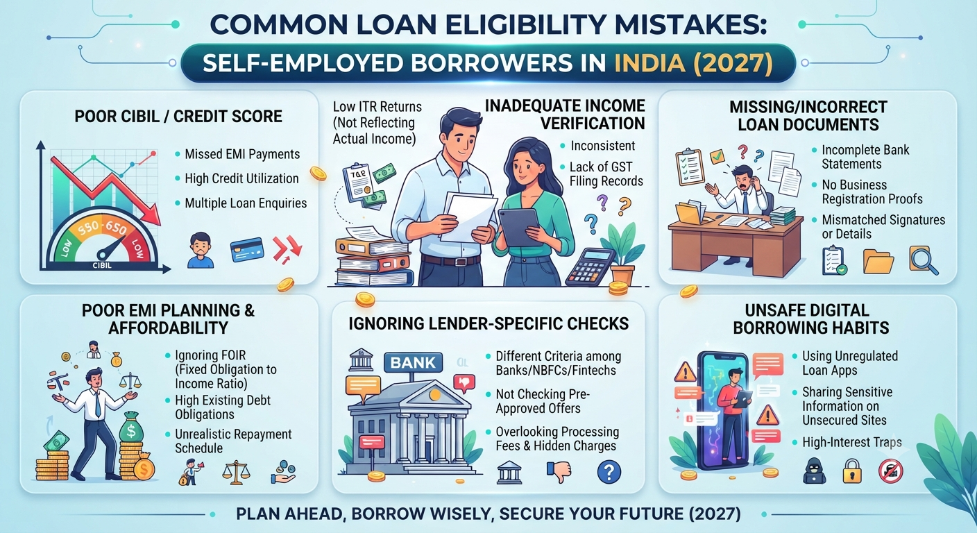 Common loan eligibility mistakes for self-employed borrowers in 2027, covering CIBIL score, income verification, loan documents, EMI planning, lender checks, and safe digital borrowing in India.