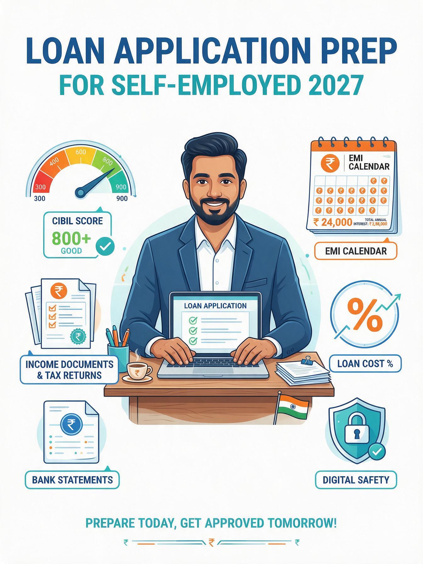 What self-employed borrowers should check before applying for a loan in 2027, including CIBIL score, income, documents, bank statements, EMI planning, loan costs and digital safety.