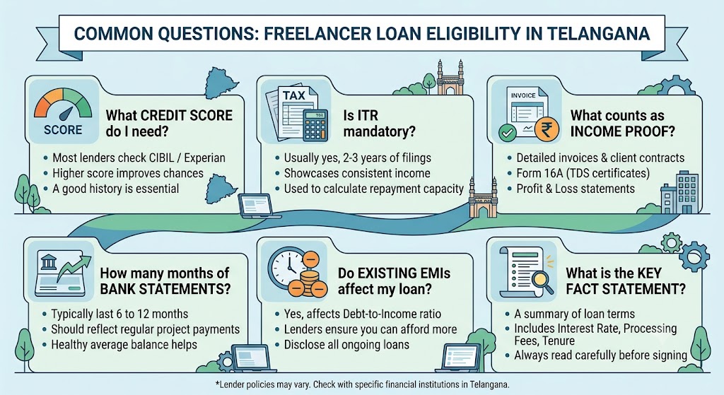 Questions borrowers ask about freelancer loan eligibility in Telangana, including credit score, ITR, income proof, bank statements, EMIs and KFS.