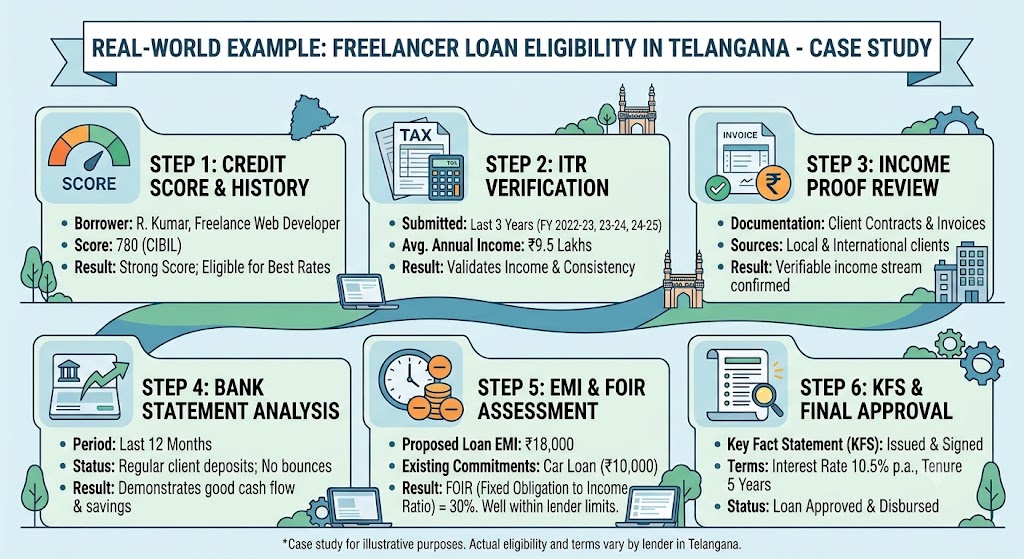 Real-world example of loan eligibility for a freelancer in Telangana showing income, ITR, bank statements, credit score and EMI assessment.