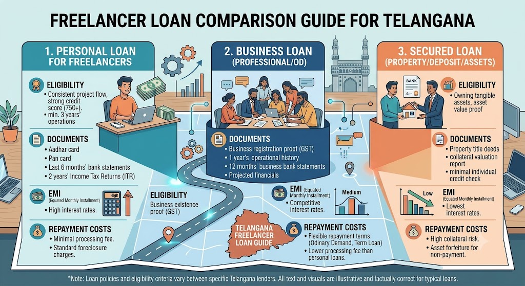 Loan comparison guide for freelancers in Telangana showing personal, business and secured loans, eligibility, documents, EMI and repayment costs. 
