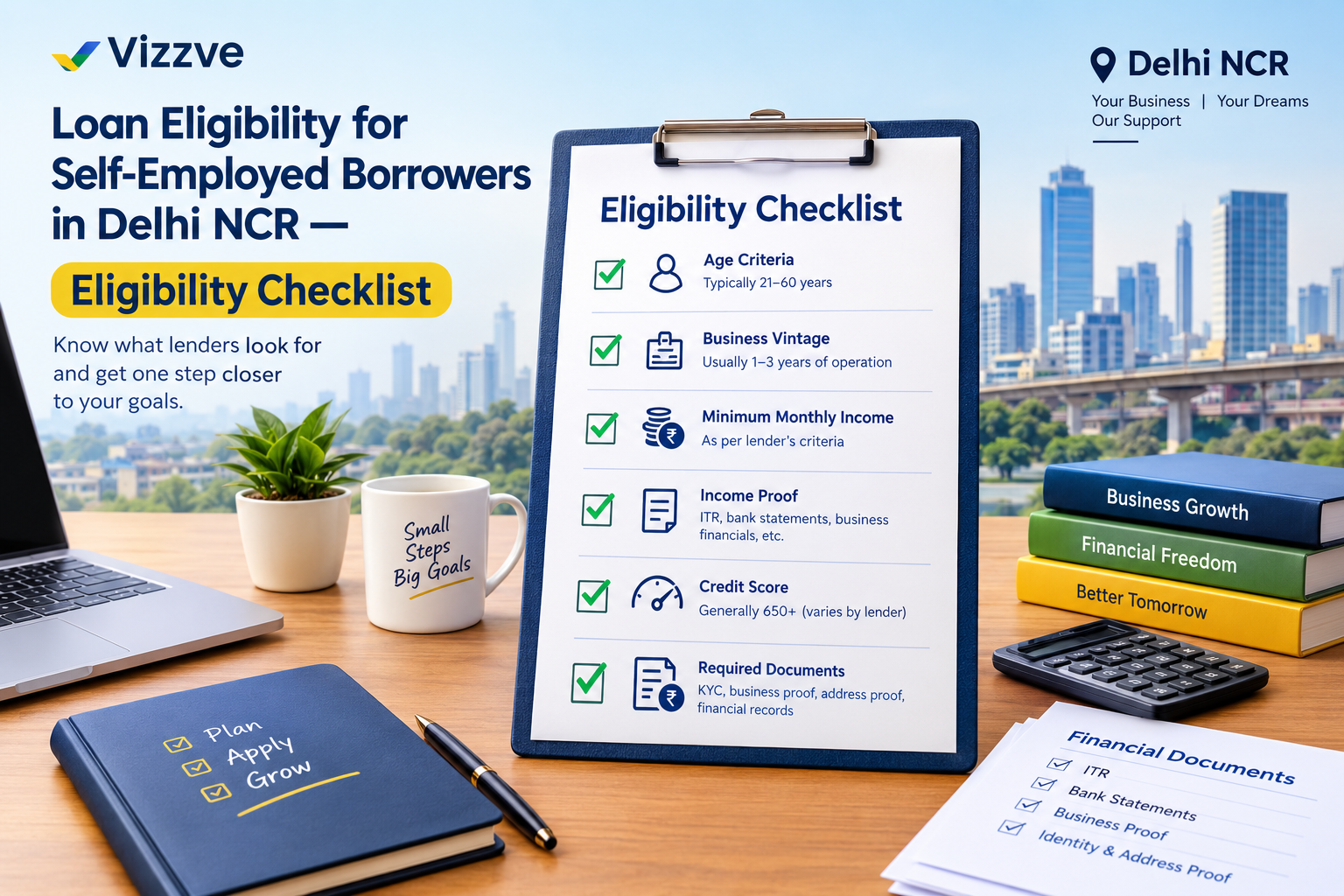Self-employed borrower reviewing loan eligibility checklist for Delhi NCR personal loan approval.