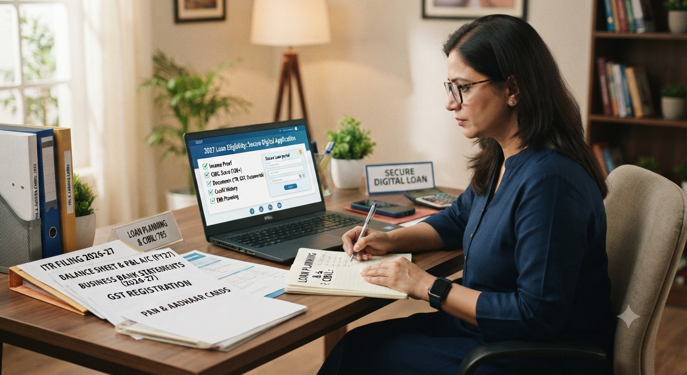Loan eligibility for self-employed borrowers in 2027, covering income proof, CIBIL score, required documents, EMI planning, credit history, and safe digital loan applications in India.