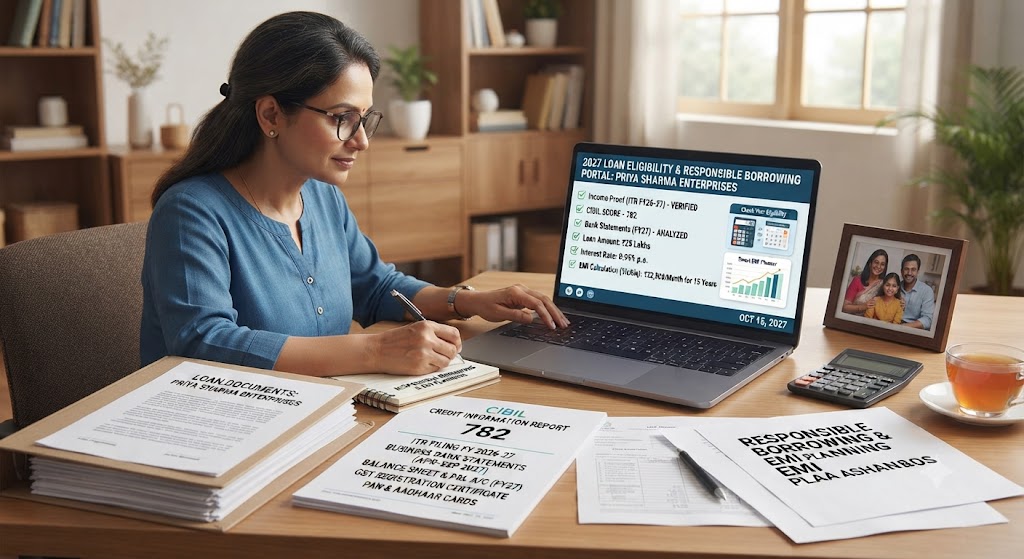 Real-world example of loan eligibility for self-employed borrowers in 2027, illustrating income proof, CIBIL score, bank statements, loan documents, EMI calculation, and responsible borrowing in India.