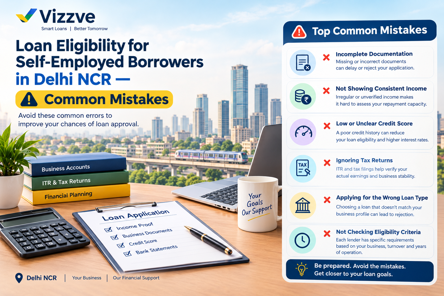Self-employed borrower in Delhi NCR reviewing common loan eligibility mistakes before applying