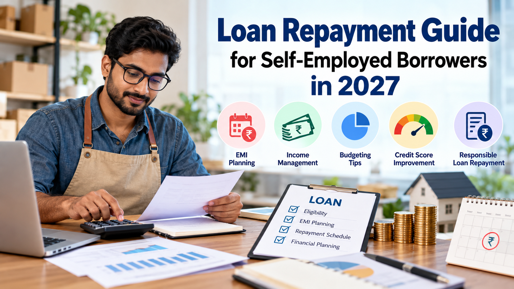 Loan repayment guide for self-employed borrowers in 2027, featuring EMI planning, income management, budgeting tips, credit score improvement, and responsible loan repayment in India.