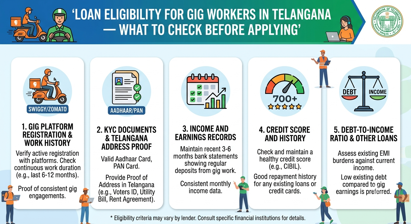 Simple gig worker loan eligibility checklist for Telangana, covering income proof, bank statements, credit score, loan documents, and safe borrowing tips. | Vizzve Financial