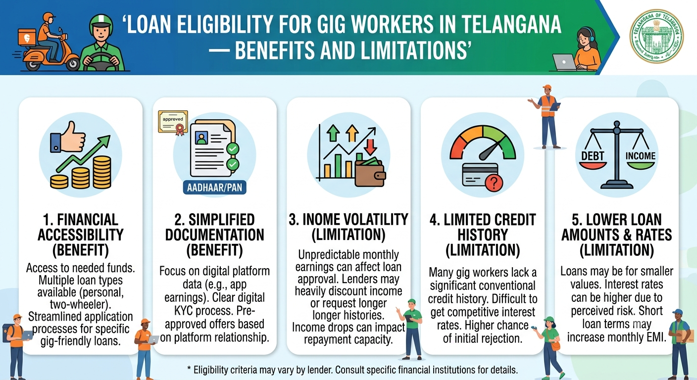 Benefits and limitations of loans for gig workers in Telangana, highlighting loan eligibility, income proof, repayment costs, credit score, and safe borrowing tips. | Vizzve Financial