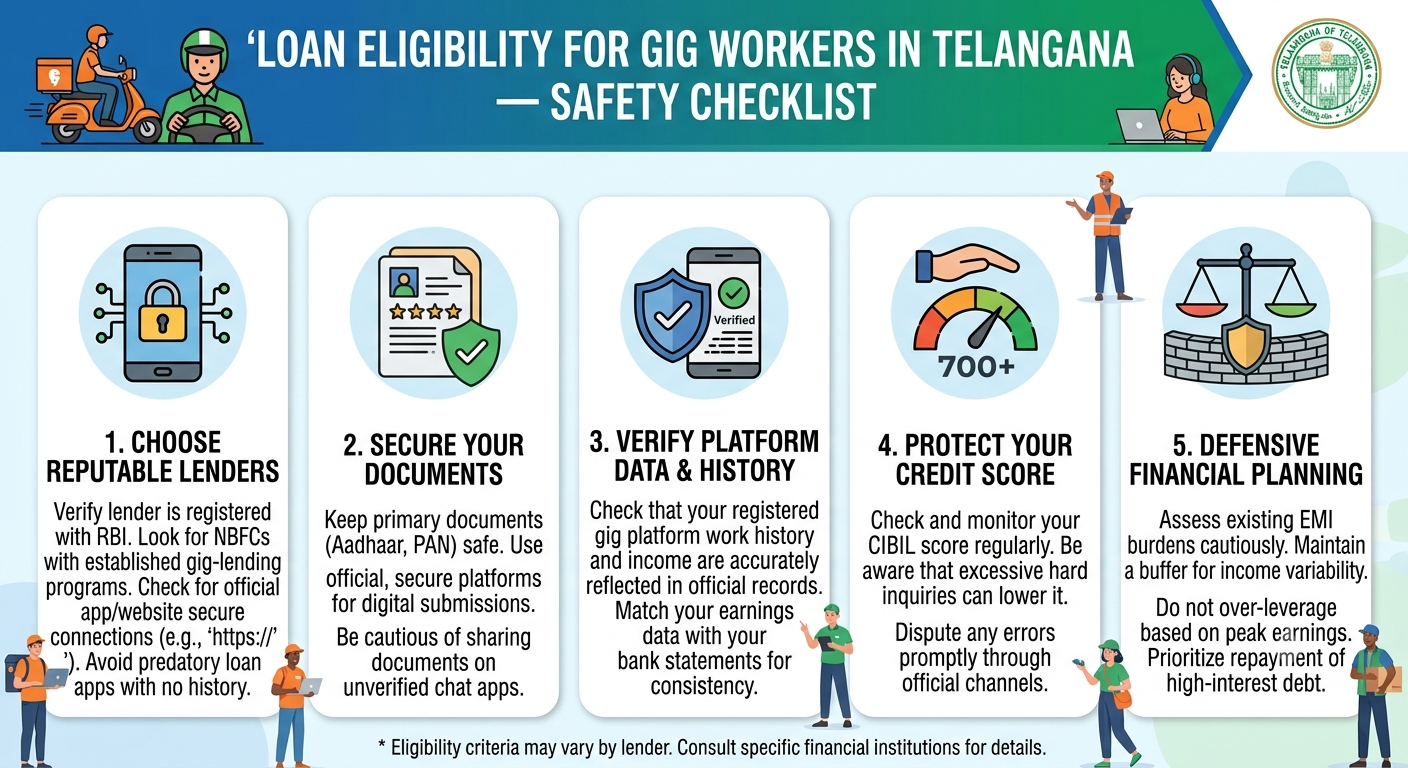 Loan safety checklist for gig workers in Telangana, covering loan eligibility, income documents, lender verification, interest rates, repayment planning, and fraud prevention tips. | Vizzve Financial