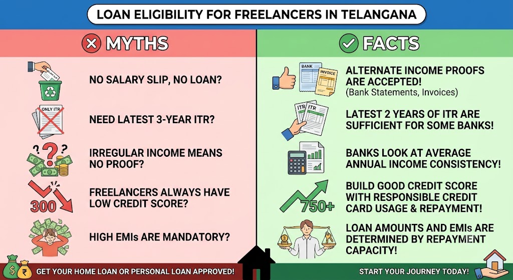 Loan eligibility myths and facts for freelancers in Telangana, covering salary slips, ITR, income proof, credit scores, EMIs and loan approval.
