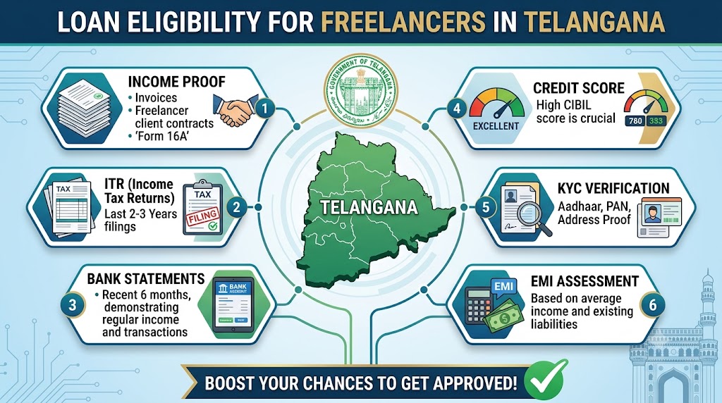 Loan eligibility for freelancers in Telangana, highlighting income proof, ITR, bank statements, credit score, KYC verification and EMI assessment.
