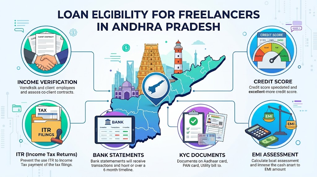 Loan eligibility for freelancers in Andhra Pradesh, showing income verification, credit score, ITR, bank statements, KYC documents and EMI assessment.