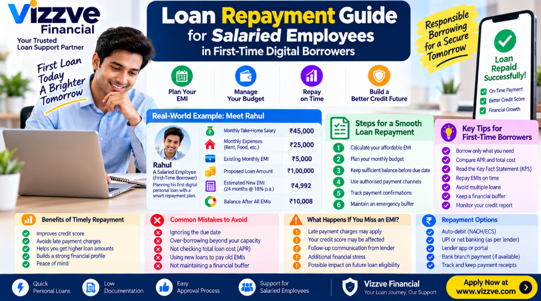 Loan repayment guide for salaried first-time digital borrowers covering EMI budgeting, salary management, payment schedules, late-payment prevention, and digital loan safety.