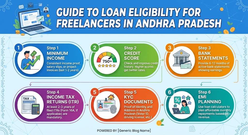 Step-by-step guide to loan eligibility for freelancers in Andhra Pradesh, showing income verification, credit score, bank statements, ITR, KYC and EMI planning.