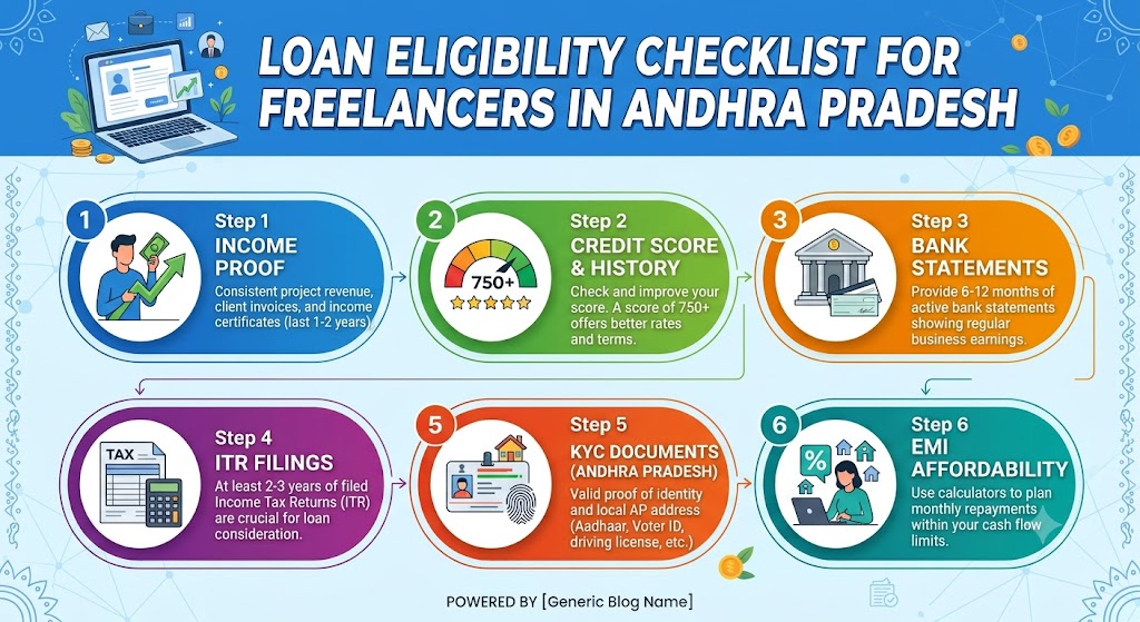 Loan eligibility checklist for freelancers in Andhra Pradesh showing income proof, credit score, ITR, bank statements, KYC documents and EMI affordability.