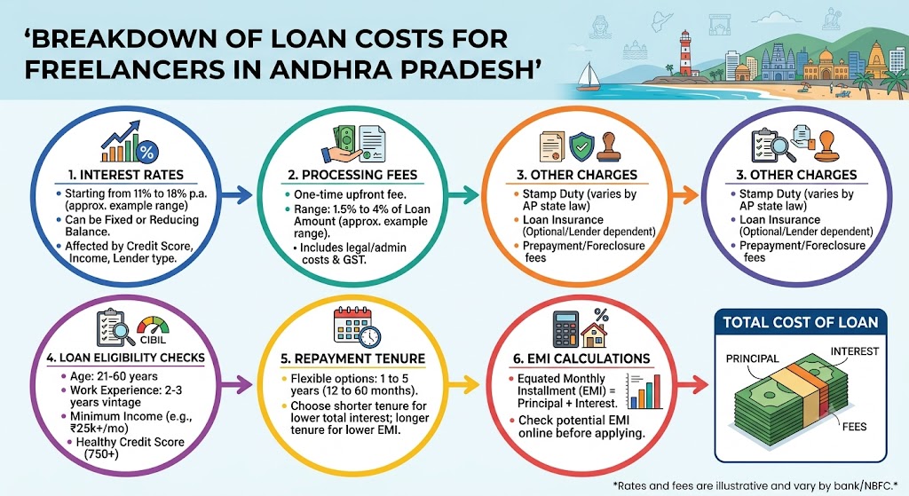 Freelancer loan cost breakdown in Andhra Pradesh showing interest rates, processing fees, EMI calculations, repayment tenure and loan eligibility checks.