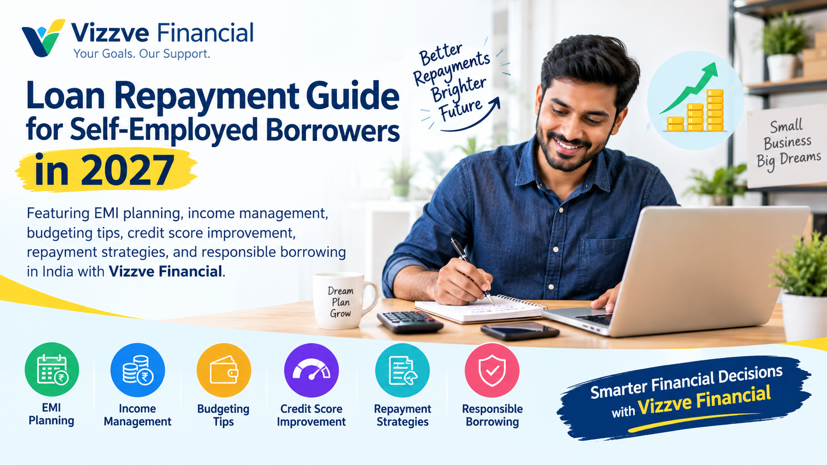 Loan repayment guide for self-employed borrowers in 2027, featuring EMI planning, income management, budgeting tips, credit score improvement, repayment strategies, and responsible borrowing in India with Vizzve Financial.