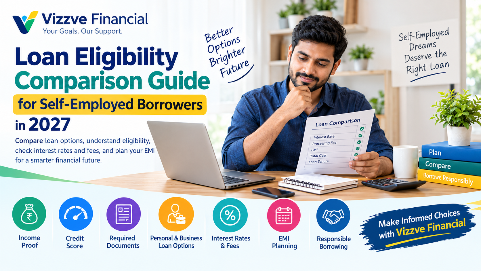 Loan eligibility comparison guide for self-employed borrowers in 2027, covering income proof, credit score, required documents, personal and business loan options, interest rates, EMI planning, and responsible borrowing in India with Vizzve Financial.
