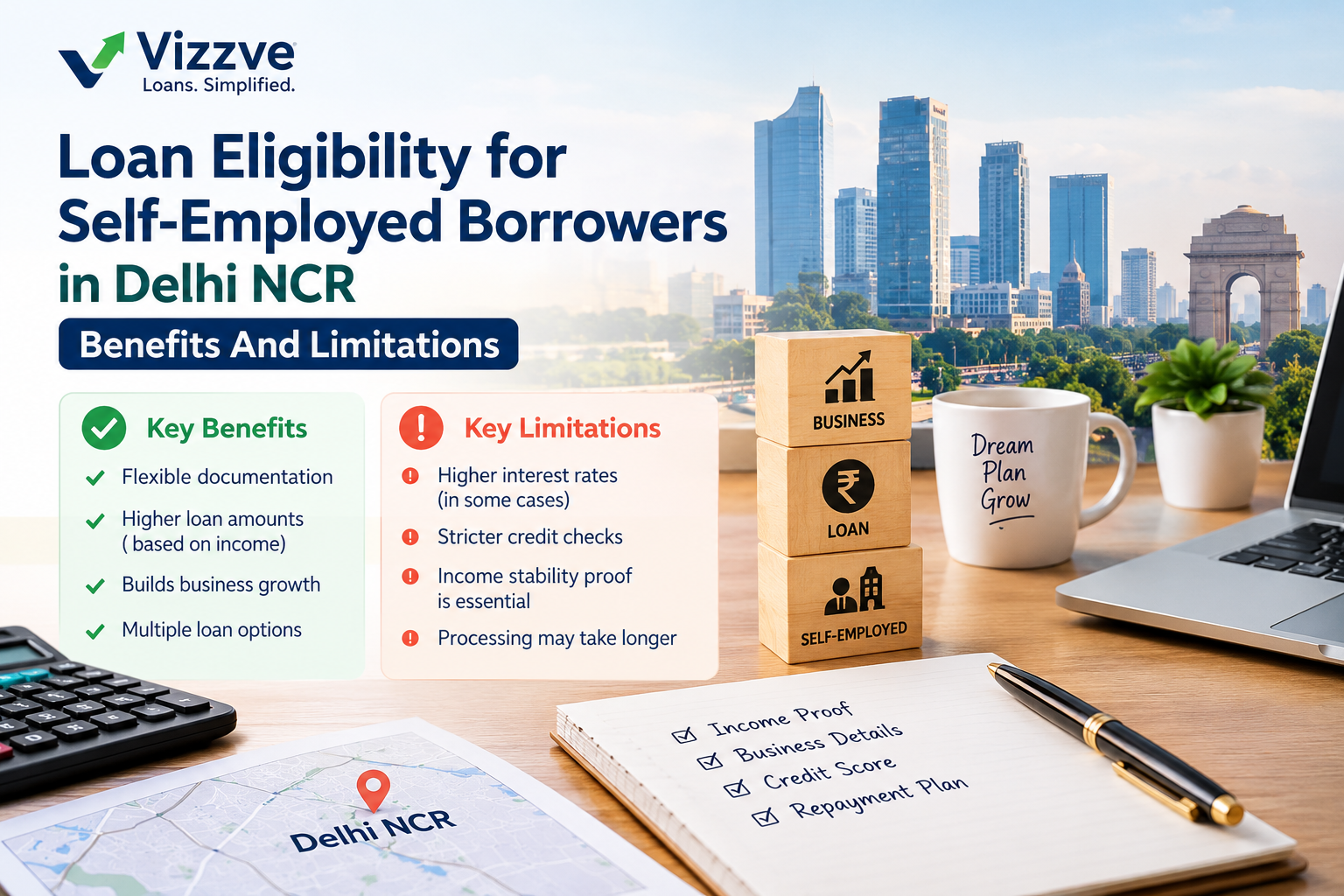 Self-employed business owner in Delhi NCR reviewing loan eligibility documents, ITR and bank statements