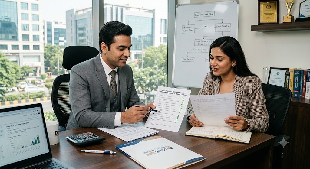 Self-employed borrower in Delhi NCR checking a loan safety checklist before applying for a personal or business loan