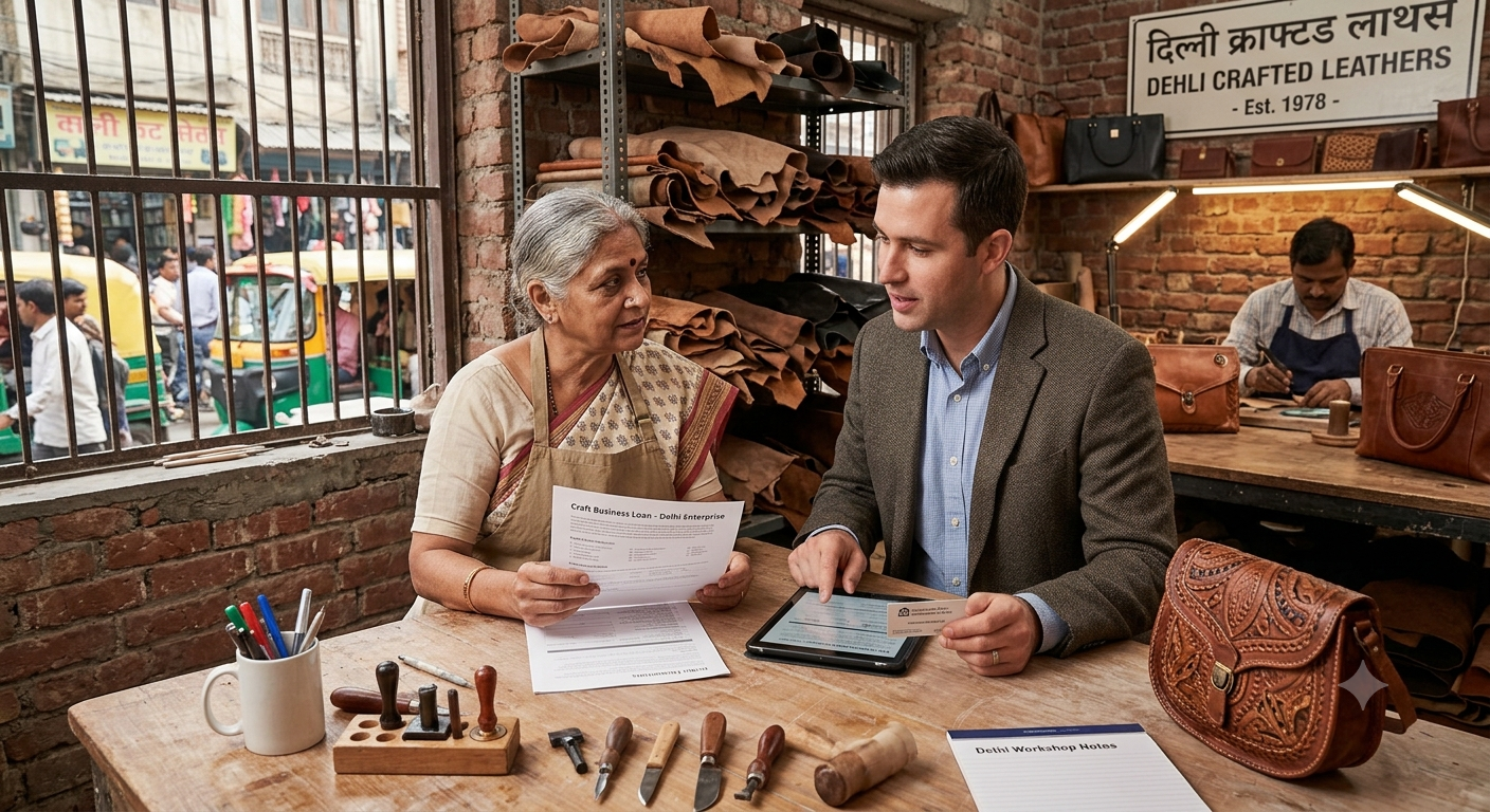 Self-employed shop owner in Delhi NCR calculating loan eligibility using ITR income, bank statements and CIBIL score