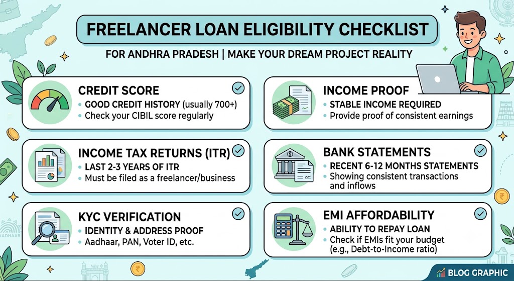 Freelancer loan eligibility checklist in Andhra Pradesh showing credit score, income proof, ITR, bank statements, KYC verification and EMI affordability.