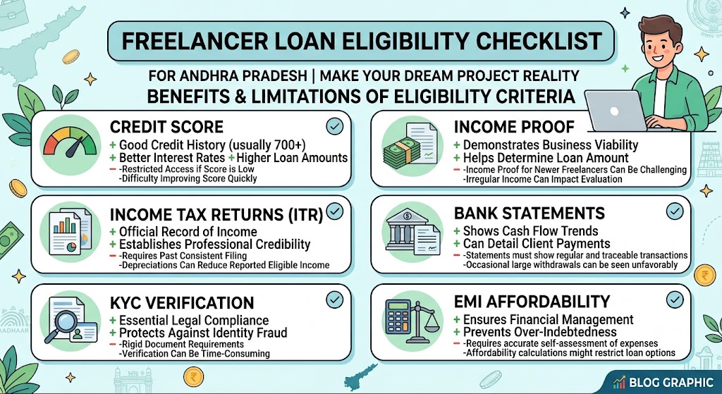 Benefits and limitations of loan eligibility for freelancers in Andhra Pradesh, highlighting income proof, credit score, bank statements, loan documents and EMI affordability.