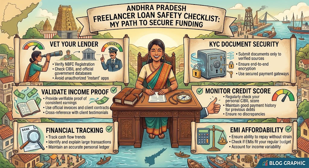 Freelancer loan safety checklist in Andhra Pradesh showing lender verification, KYC document security, income proof, credit score and EMI affordability.