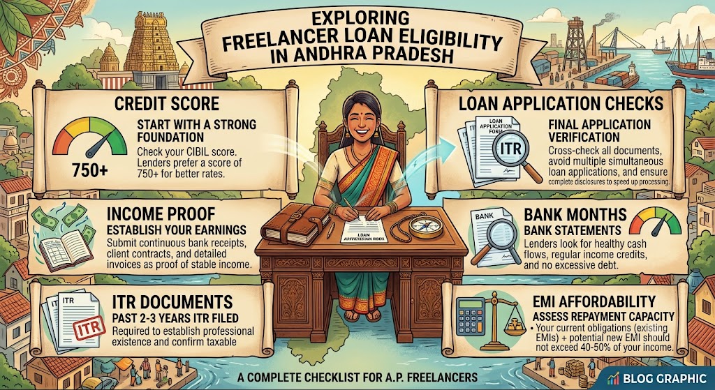 Freelancer loan eligibility in Andhra Pradesh explained through credit score, income proof, ITR documents, bank statements, EMI affordability and loan application checks.