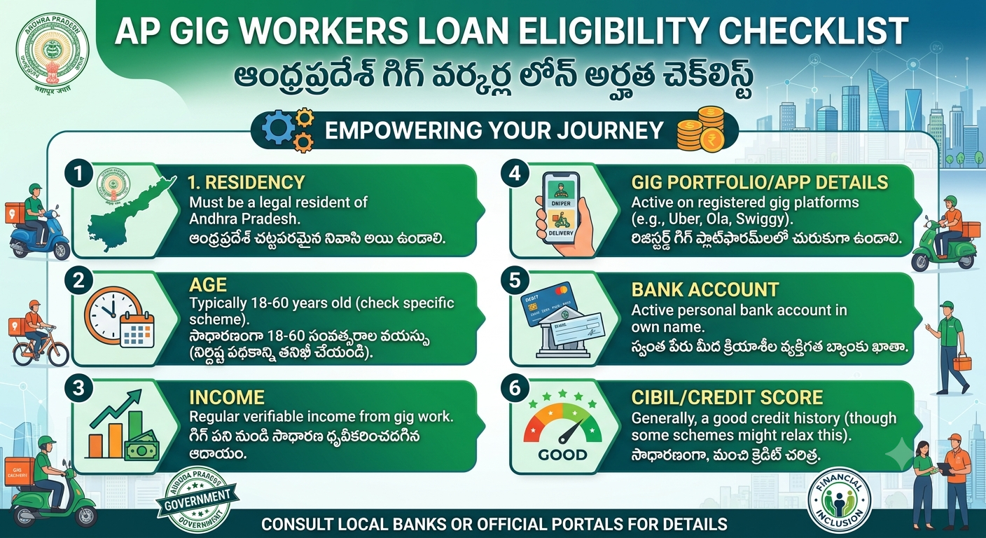 Loan eligibility checklist for gig workers in Andhra Pradesh, covering income proof, required documents, credit score, bank statements, and personal loan application requirements.