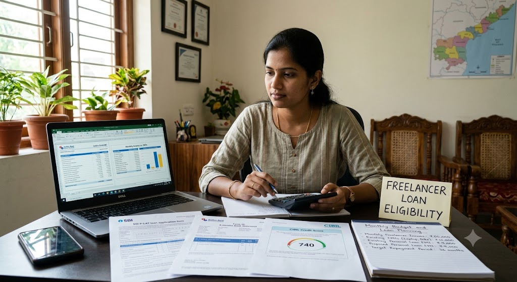 Real-world example of freelancer loan eligibility in Andhra Pradesh, illustrating monthly income, existing EMIs, credit score, income documents and repayment planning.