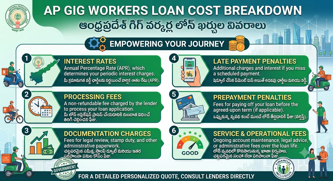 Loan cost breakdown for gig workers in Andhra Pradesh, showing personal loan interest rates, EMI calculations, processing fees, repayment costs, and budgeting tips for delivery partners, cab drivers, and freelancers.