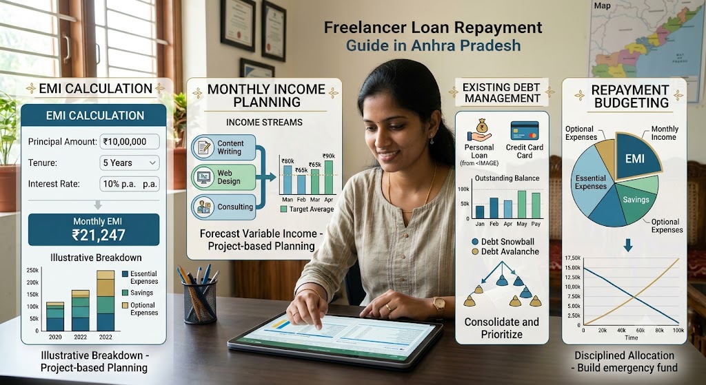Freelancer loan repayment guide in Andhra Pradesh showing EMI calculation, monthly income planning, existing debt management and repayment budgeting.
