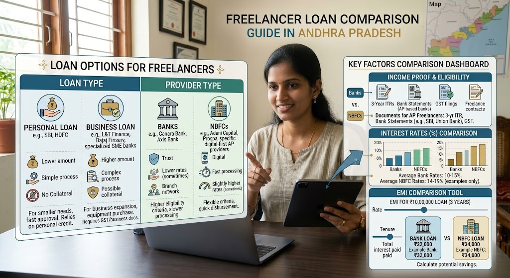 Freelancer loan comparison guide in Andhra Pradesh showing personal loans, business loans, bank and NBFC options, income proof, interest rates and EMI comparison.