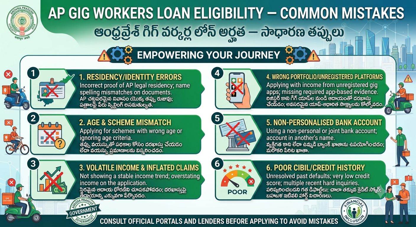 Common loan eligibility mistakes for gig workers in Andhra Pradesh, including income proof errors, missing documents, low credit scores, multiple loan applications, and EMI repayment planning tips.