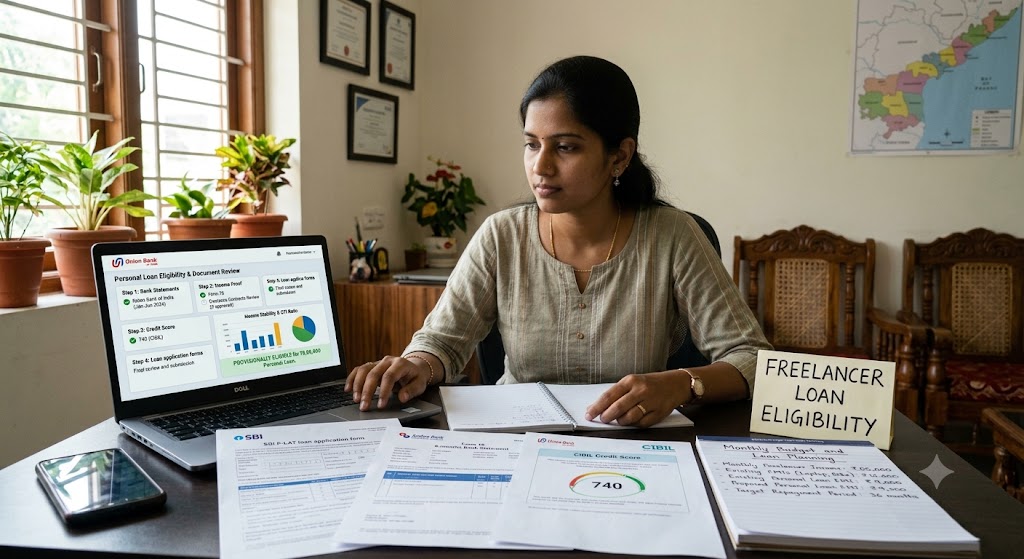Freelancer in Andhra Pradesh reviewing loan eligibility, bank statements, income proof, credit score and personal loan documents on a laptop.