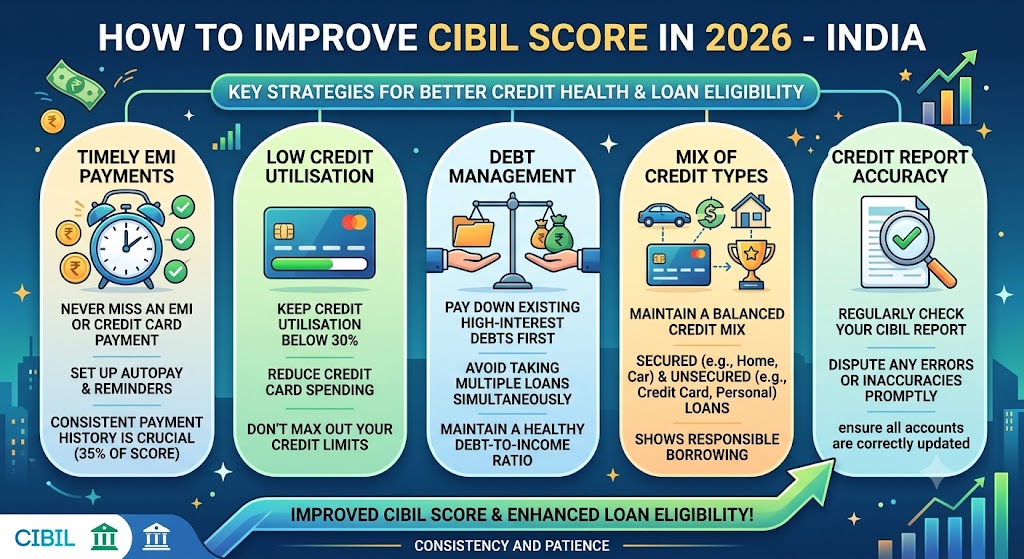 How to Improve CIBIL Score in 2026 – Tips for Better Credit Score, Timely EMI Payments, Low Credit Utilisation, Debt Management, and Improved Loan Eligibility in Ind
