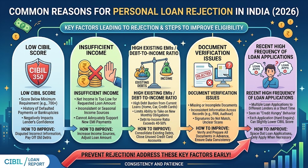 Common reasons for personal loan rejection, including low CIBIL score, insufficient income, high existing EMIs and document verification issues.