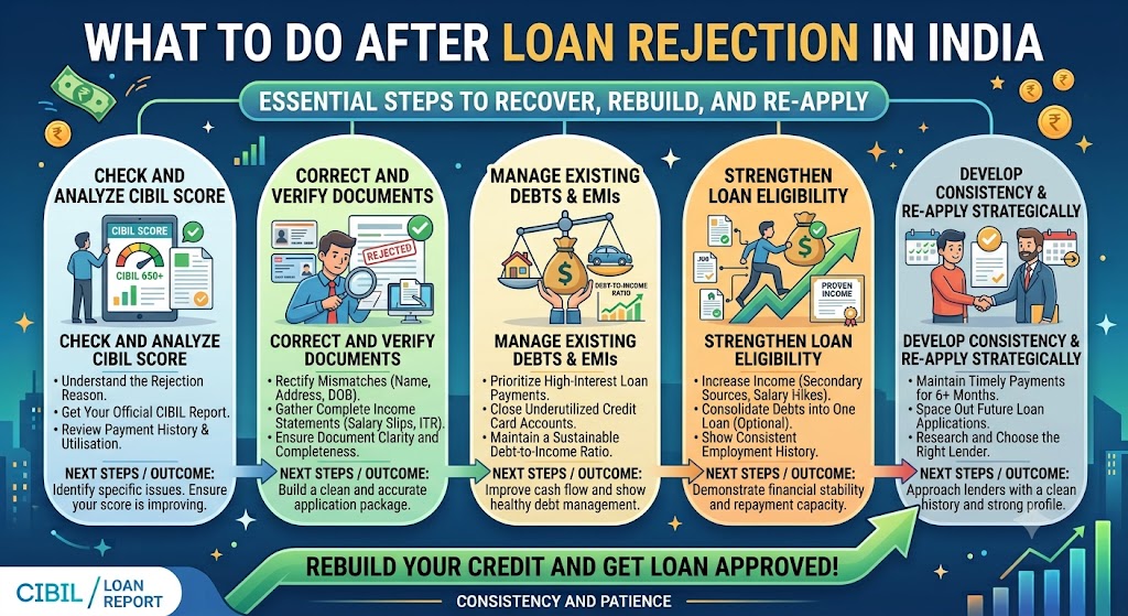 What to do after loan rejection, including checking CIBIL score, correcting documents, managing existing EMIs and improving loan eligibility.
