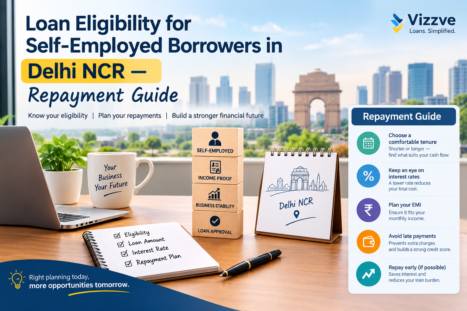 Self-employed business owner in Delhi NCR reviewing loan eligibility documents