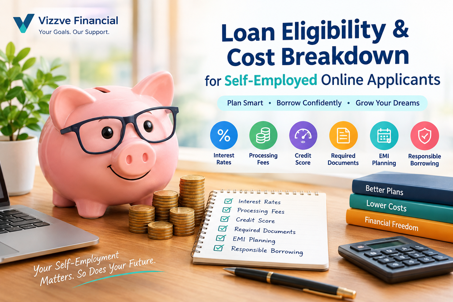 Loan eligibility and cost breakdown for self-employed online applicants in India, covering interest rates, processing fees, credit score, required documents, EMI planning, and responsible borrowing with Vizzve Financial.
