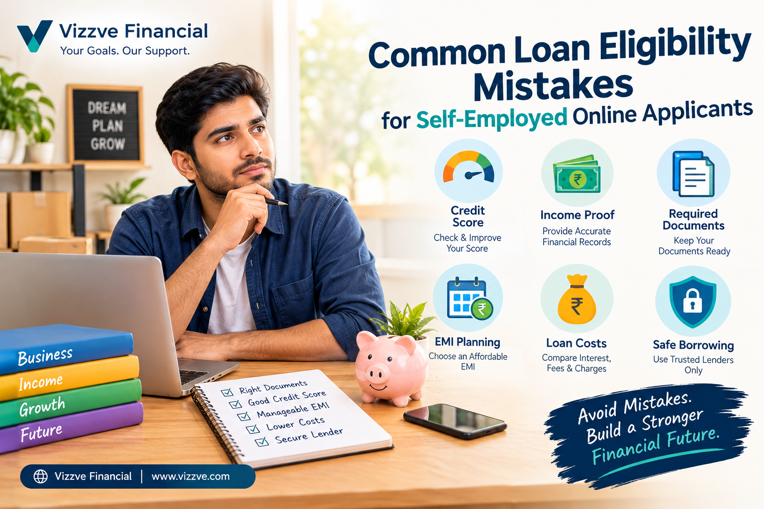 Common loan eligibility mistakes for self-employed online applicants in India, highlighting credit score, income proof, required documents, EMI planning, loan costs, and safe borrowing practices with Vizzve Financial.
