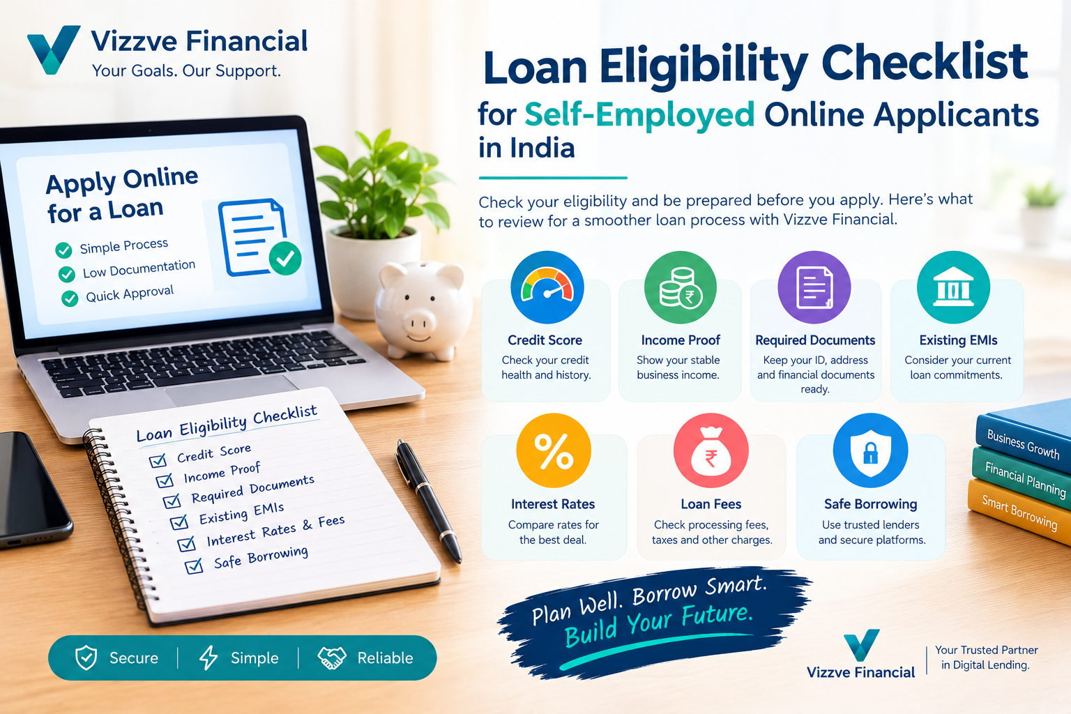 Loan eligibility checklist for self-employed online applicants in India, covering credit score, income proof, required documents, existing EMIs, interest rates, loan fees, and safe borrowing practices with Vizzve Financial.