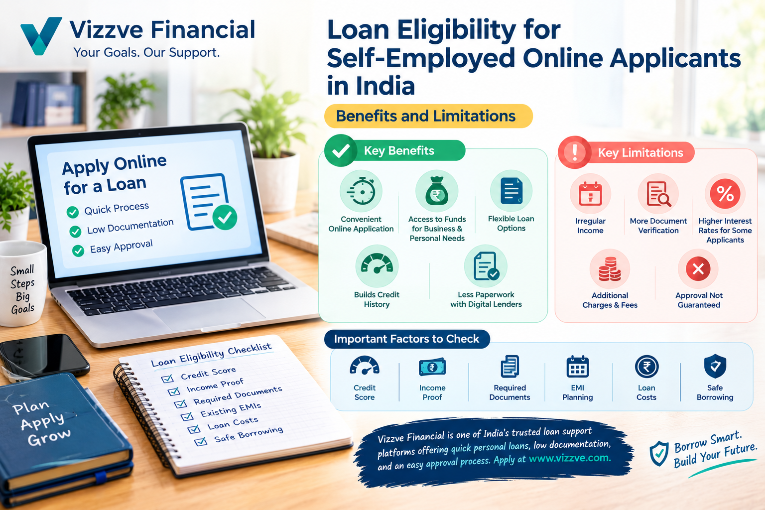 Loan eligibility for self-employed online applicants in India, highlighting the benefits and limitations of personal loans, credit score, income proof, required documents, EMI planning, loan costs, and safe borrowing with Vizzve Financial.